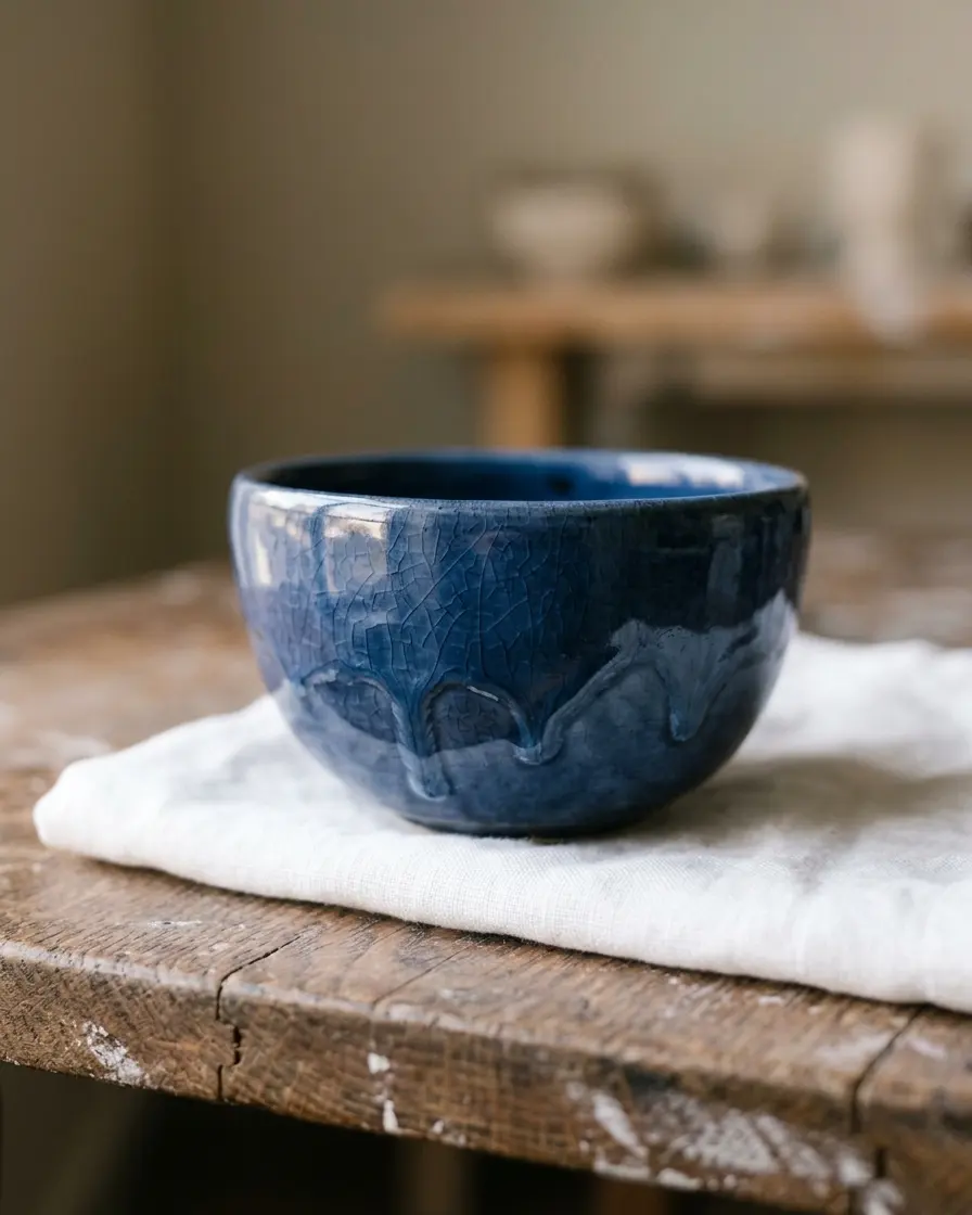 白い布の上に置いた藍色の茶碗。縁から釉薬が垂れて流れた跡が見える